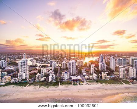 Surfers Paradise skyline at sunset from an aerial view