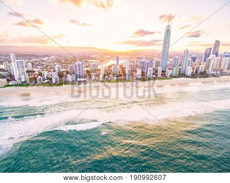 Surfers Paradise skyline at sunset from an aerial view