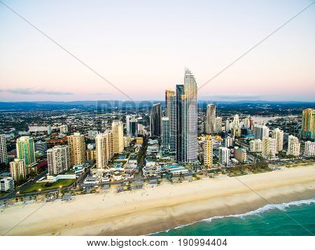 Surfers Paradise skyline at sunrise from an aerial view