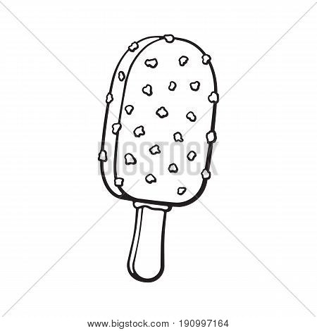 Vector illustration. Hand drawn doodle of ice cream choc-ice with nuts. Cartoon sketch.  Decoration for menus, signboards, showcases, greeting cards, posters, wallpapers