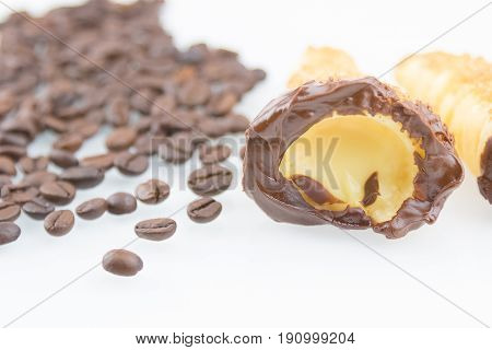 Delicious Sicilian Cannolo Cannellino Sweet With Pastry Hazelnut Near Coffee Beans