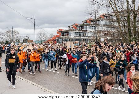 Strasbourg, France - Mar 15, 2019: Elevated View Of Protesters Near Echr Court During Demonstrations