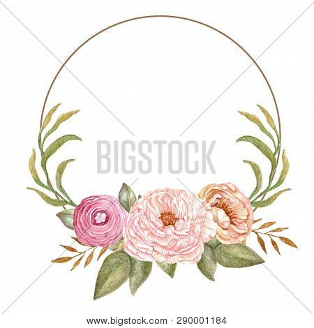 Watercolor Floral Wreath, Flower Frame, Hand Painted Botanical Illustration For Wedding Invitation T