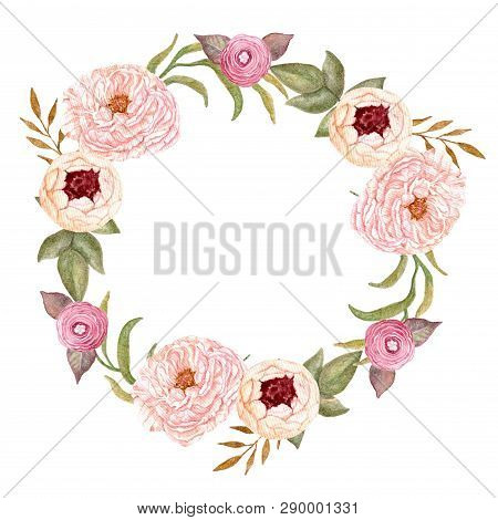 Watercolor Floral Wreath, Flower Frame, Hand Painted Botanical Illustration For Wedding Invitation T