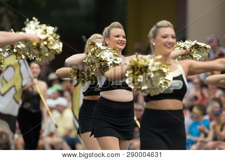 Indianapolis, Indiana, USA - May 26, 2018, Purdue University Cheerleaders perform at the Indy 500 Parade