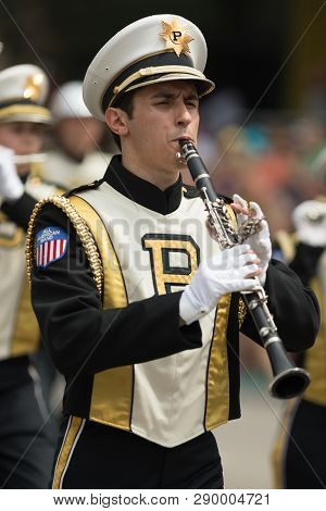 Indianapolis, Indiana, USA - May 26, 2018,  The Purdue University All American Marching Band performs at the Indy 500 Parade