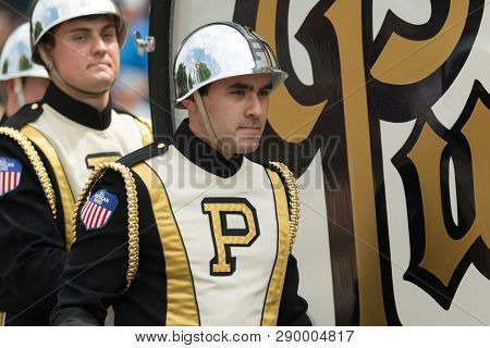 Indianapolis, Indiana, USA - May 26, 2018,  The Purdue University All American Marching Band performs at the Indy 500 Parade