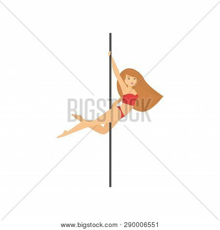 Detailed Character Woman Pole Dancer Hanging On One Hand Back To Pylon
