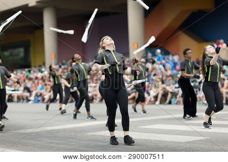 Indianapolis, Indiana, USA - May 26, 2018,  Members of the Ben Davis High School Band perform at the Indy 500 Parade
