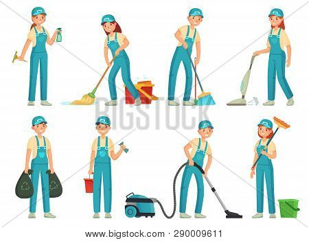 Cleaning Workers. Professional Cleaning Staff, Domestic Cleaner Worker And Cleaners Equipment. Home 