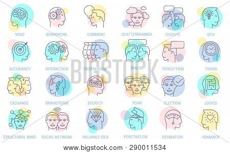 Thin Line Vector Brainstorming Business Icon Set. Flat Design Intellectual Teamwork And Creativity  