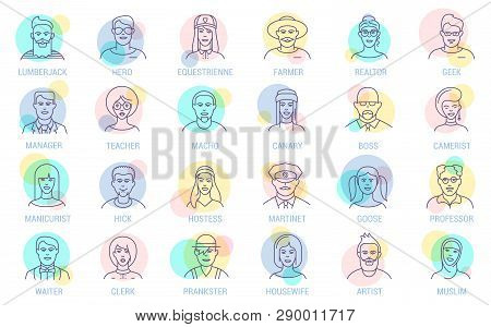 Thin Line Vector Online People Icon Set. Flat Design Characters, Professions, Faces And Avatar Symbo