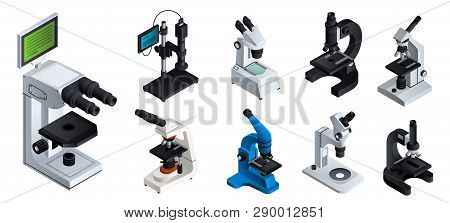 Microscope Icons Set. Isometric Set Of Microscope Vector Icons For Web Design Isolated On White Back