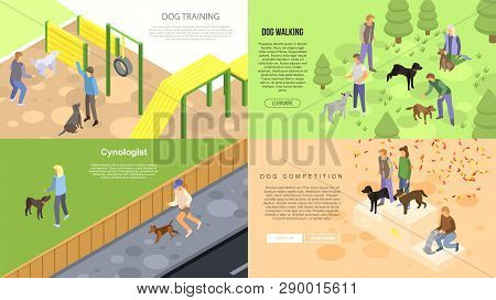 Cynologist Training Banner Set. Isometric Set Of Cynologist Training Vector Banner For Web Design