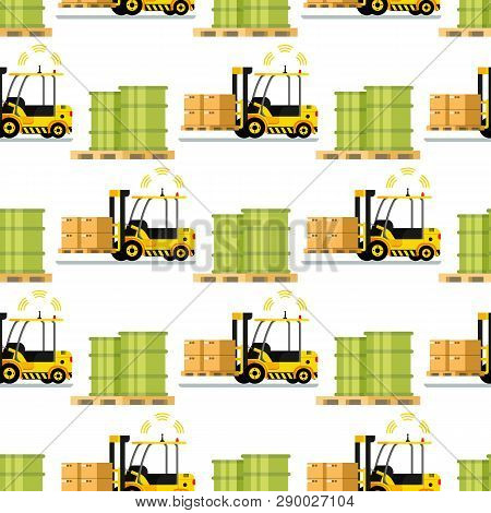 Automatic Delivery Forklift Car Seamless Pattern. Mechanical Loader Carrying Cardboard Box With Barc