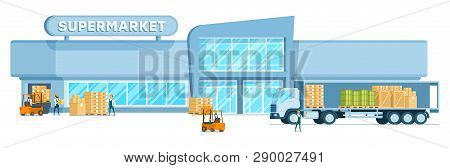 Warehouse Truck Unloading Freight In Supermarket. Cargo Van Delivering Goods And Box To Modern Glass