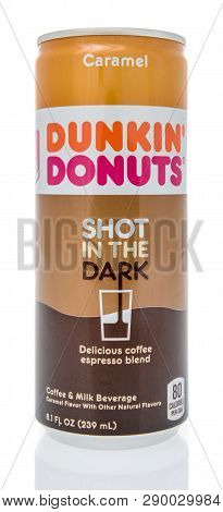 Winneconne, Wi - 14 March 2019: A Can Of Dunkin Donuts Shot In The Dark Espresso Coffee Blend On An 