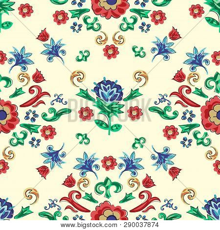 Sicilian Seamless Pattern With Flowers. Vector Floral Patch For Embroidery And Print.