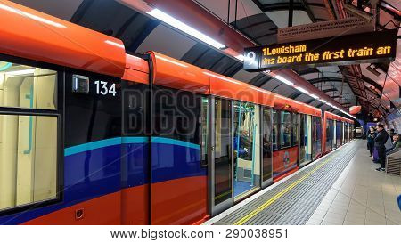 London, Uk - May 1, 2018: Dlr Train For Lewisham On The Bank Station Of Londons Tube