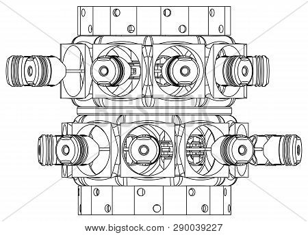Disassembled Radial Engine On A White Background. Drawing