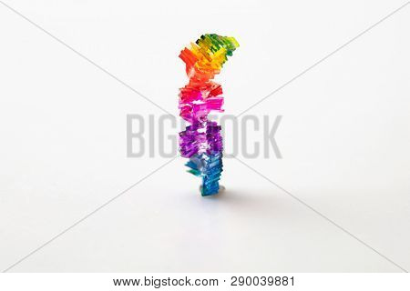 Colorful eye catching hand painted plastic abstract artwork, on neutral white background with natural shadows.
for cover of something involving colors and shapes.