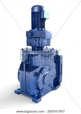 3D render of industrial electrical motor in blue housing on white