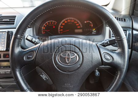 Novosibirsk, Russia - 03.10.2019: View To The Inerior Of Toyota Imsum Last Generation With Front Sea