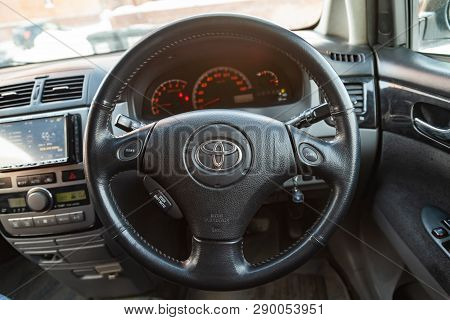 Novosibirsk, Russia - 03.10.2019: View To The Inerior Of Toyota Imsum Last Generation With Front Sea