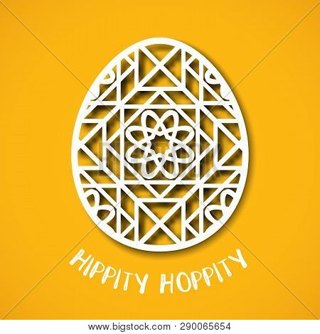 Happy Easter Greeting Card. Ornamental Egg In Paper Art Style On Yellow Background. Templates For La