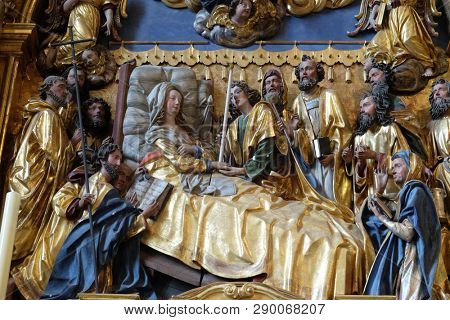 LUCERNE, SWITZERLAND - JUNE 24, 2018: Death of the Virgin Mary, Assumption of the Virgin Mary Altar in the church of St. Leodegar in Lucerne, Switzerland