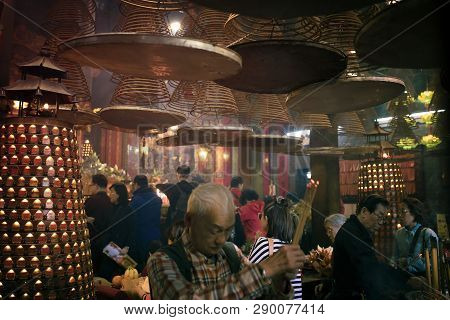 Hong Kong China - March17,2019 : Unidentified People Praying In Hung Hom Kwun Yum Temple One Of Most