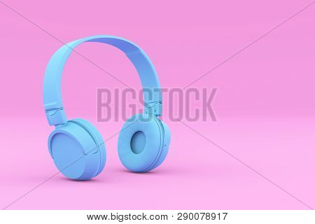 Modern Painted Blue Headphones On Pink Background. Creative Design In Minimal Style. Trendy Duotone 