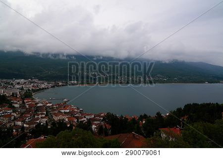 Panoramic Aerial View To Ohrid Lake And City From Samuels Fortress, Ohrid, , North Macedonia