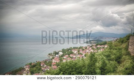 Panoramic Aerial View To Ohrid Lake And City , Konjsko, Elshani, North Macedonia