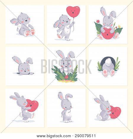 Vector Set Of Hand Drawn Illustration Of Cute Little Baby Rabbit With Heart Shape Balloon Isolated O