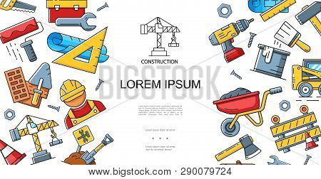 Construction Linear Style Concept With Builder Roller Brush Shovel Wrench Trolley Hammer Drill Axe R