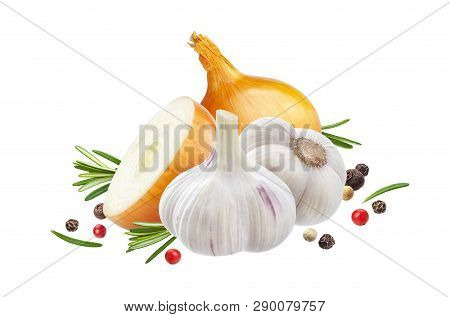 Garlic, Onion And Rosemary Herb Isolated On White Background