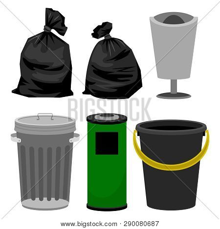 Plastic And Metallic Bins, Black Plastic Bags For Garbage. Vector Bin And Bag Rubbish, Plastic Conta