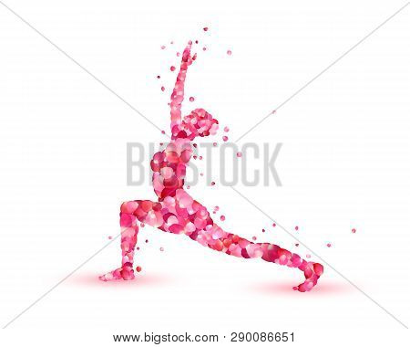 Yoga Asana Virabhadrasana. Warrior Pose. Silhouette Of Pink Rose Petals
