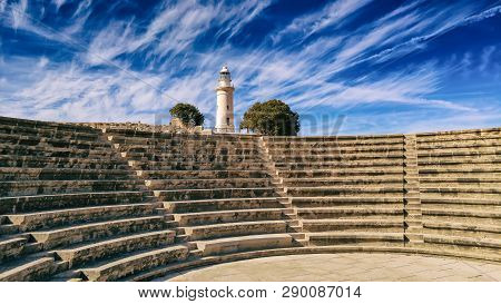 Ancient Ruins Of Kourion City Near Pathos And Limassol, Cyprus. Lighthouse And Theater Under The Blu