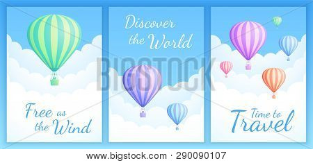 Hot Air Balloon Cloud Scape Vector Illustration. Set Of Travel Banner With Colorful Striped Hot Air 