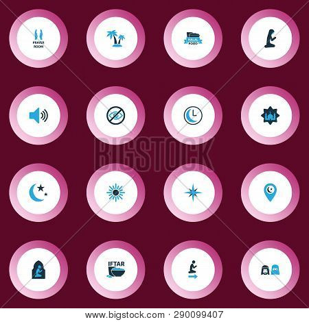 Holiday Icons Colored Set With Halal, Isha, Qiblah And Other Tree Elements. Isolated  Illustration H
