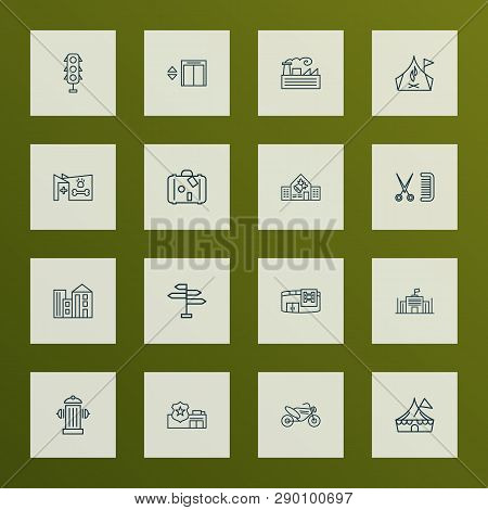 Urban Icons Line Style Set With Elevator, Police Department, Fabric And Other Fireplug Elements. Iso