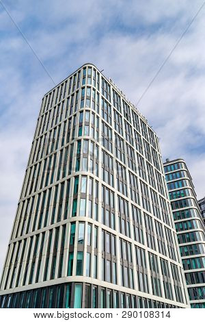 Warsaw Poland. February 18, 2019. Business Center. Glass Building. Against The Sky.