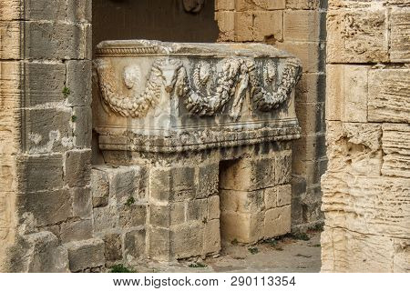 Old Roman Sarcophagus In The Abbey Of Bellapais In The Northern Cyprus. Bellapais Abbey Is The Ruin 