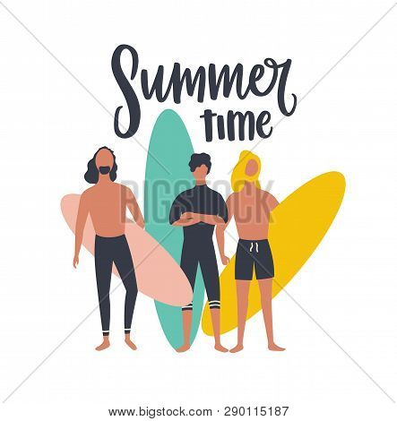 Seasonal Postcard Template With Group Of Male Surfers Carrying Surfboards And Summer Time Text Handw