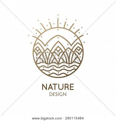 Nature Logo Of Mountains, River, Sun. Abstract Linear Icon Of Landscape. Vector Round Emblem, Badge 