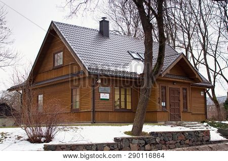 Trakai, Lithuania - January 02, 2013: Traditional Wooden Houses In Center Of Trakai. Is A Historic C