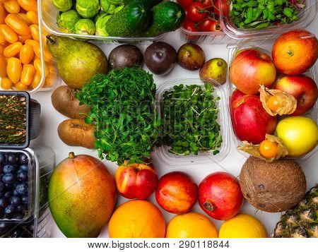 Fresh Vegetables And Fruits For Fitness Dinner On White Background Top View Mockup