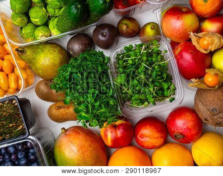 Fresh Vegetables And Fruits For Fitness Dinner On White Background Top View Mockup